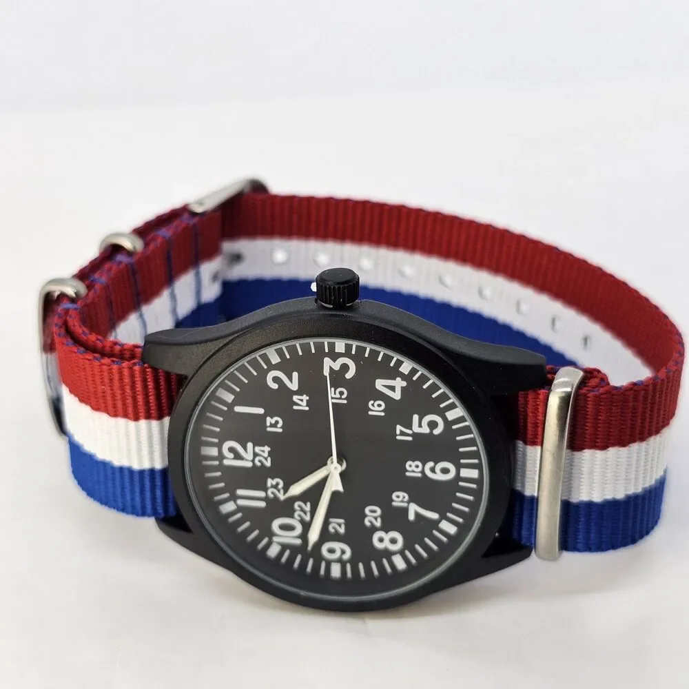 Field Men's Watch 42MM Black Dial Black Case Blue White Red Canvas Band‎ Strap